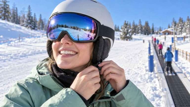 Smiling beginner skier adjusting her ski helmet chin strap, with fleece ear pads and goggles sitting flush against the helmet brim.