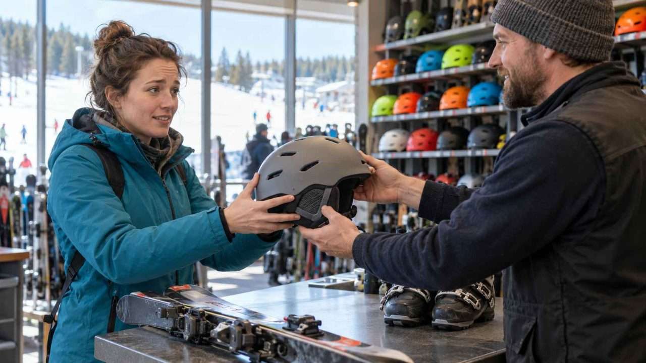 Nervous adult beginner skier receiving a matte gray ski helmet at a resort rental counter, with skis and boots in front.