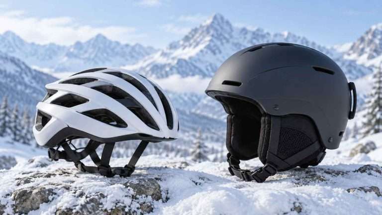 Bike helmet and ski helmet side by side on a snowy mountain showing differences in coverage and ventilation.