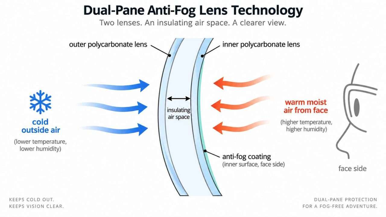 Diagram showing how a dual-pane ski goggle lens uses an insulating air space and anti-fog coating to reduce fogging.
