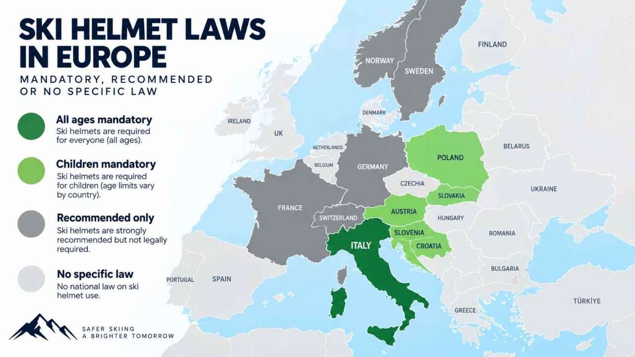 Map of Europe showing ski helmet laws, including mandatory helmet use in Italy, child helmet laws, and countries where helmets are recommended.