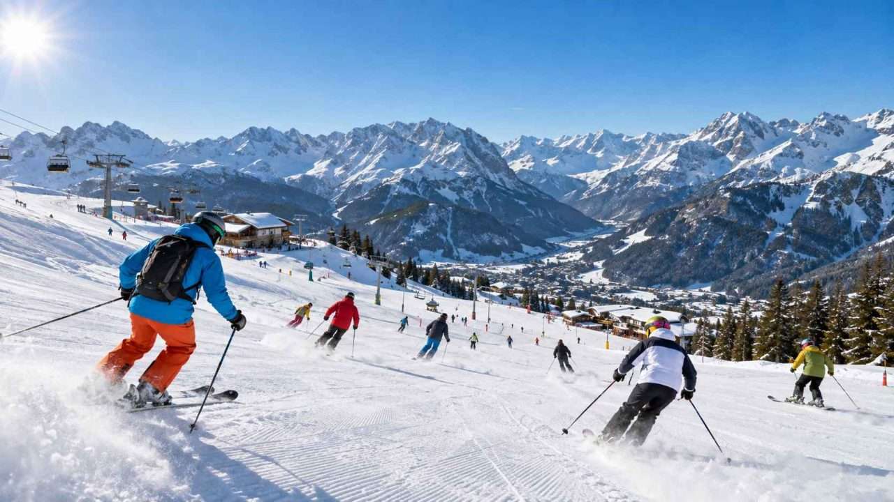 Skiers and snowboarders wearing helmets descending a groomed European ski slope with Alpine mountains in the background.