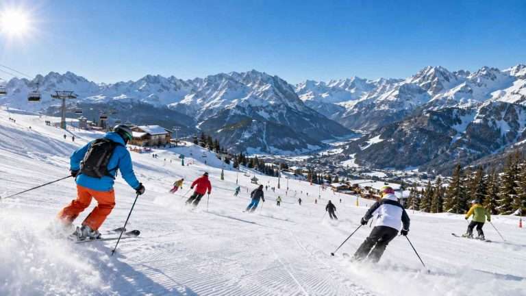 Skiers and snowboarders wearing helmets descending a groomed European ski slope with Alpine mountains in the background.