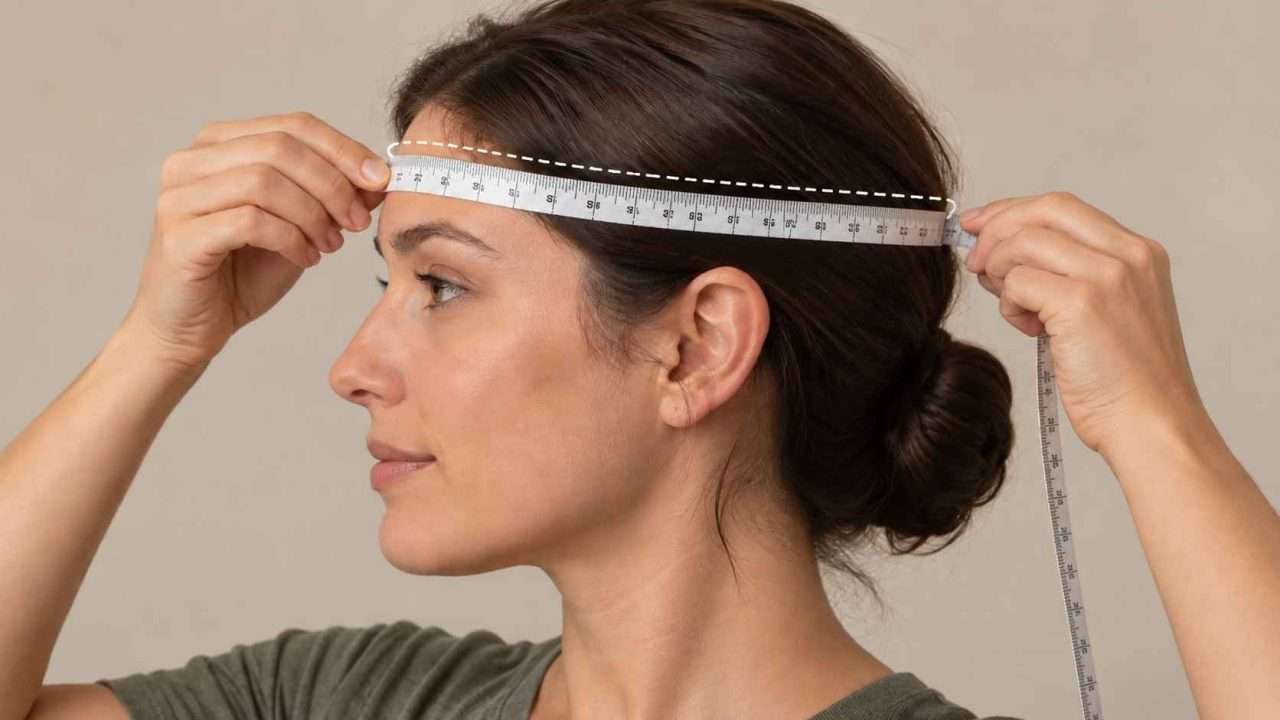 Side-profile illustration of a person measuring head circumference with a soft tape above the eyebrows for helmet sizing.
