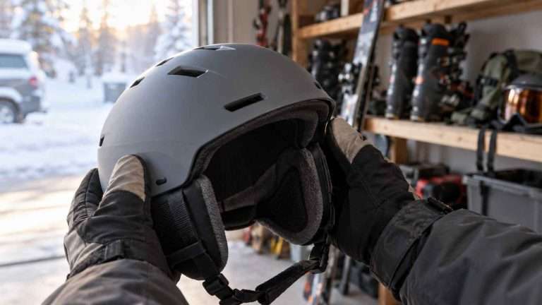 Gloved hands inspecting a matte gray ski helmet in a garage before the winter ski season.