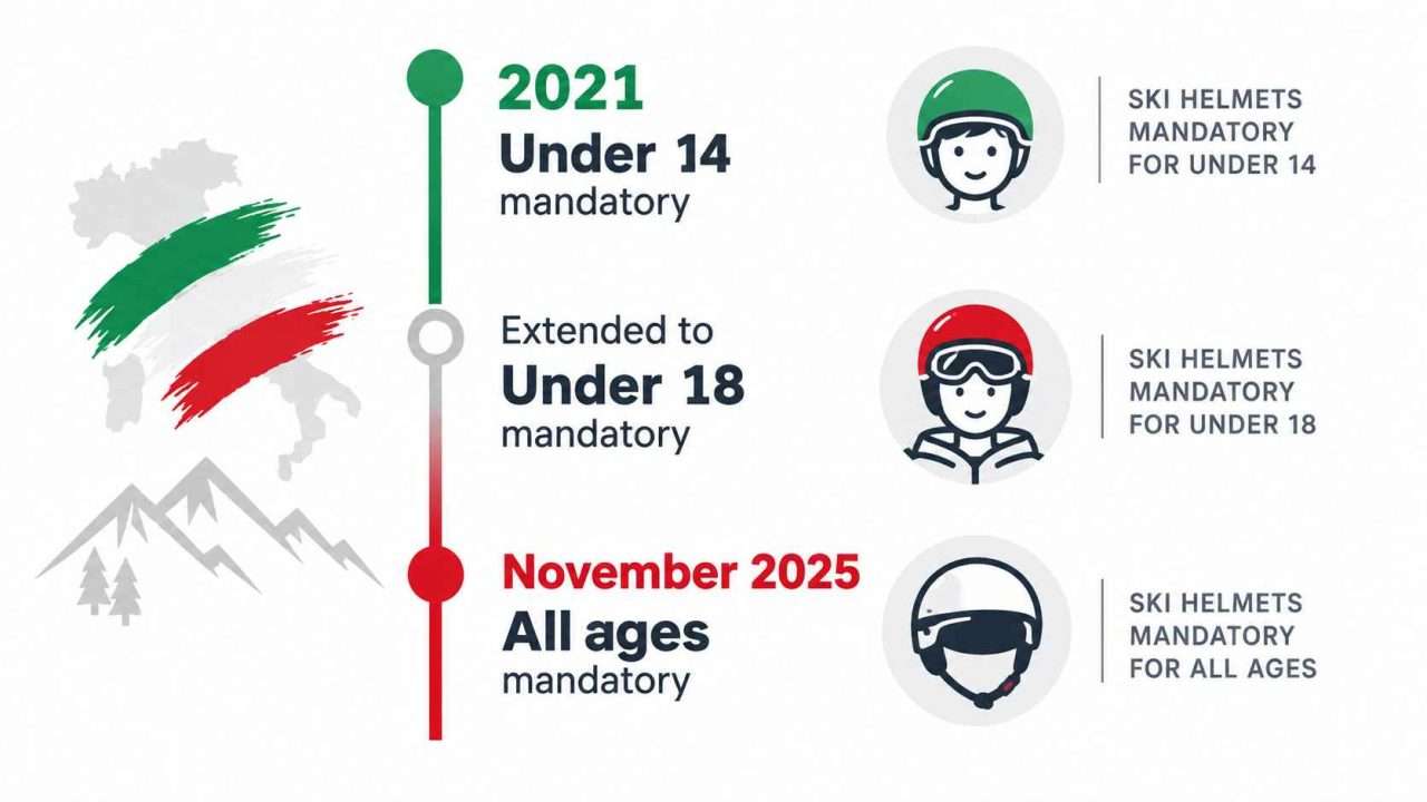 Infographic showing Italy’s ski helmet law timeline from under 14 in 2021 to mandatory helmets for all ages in November 2025.
