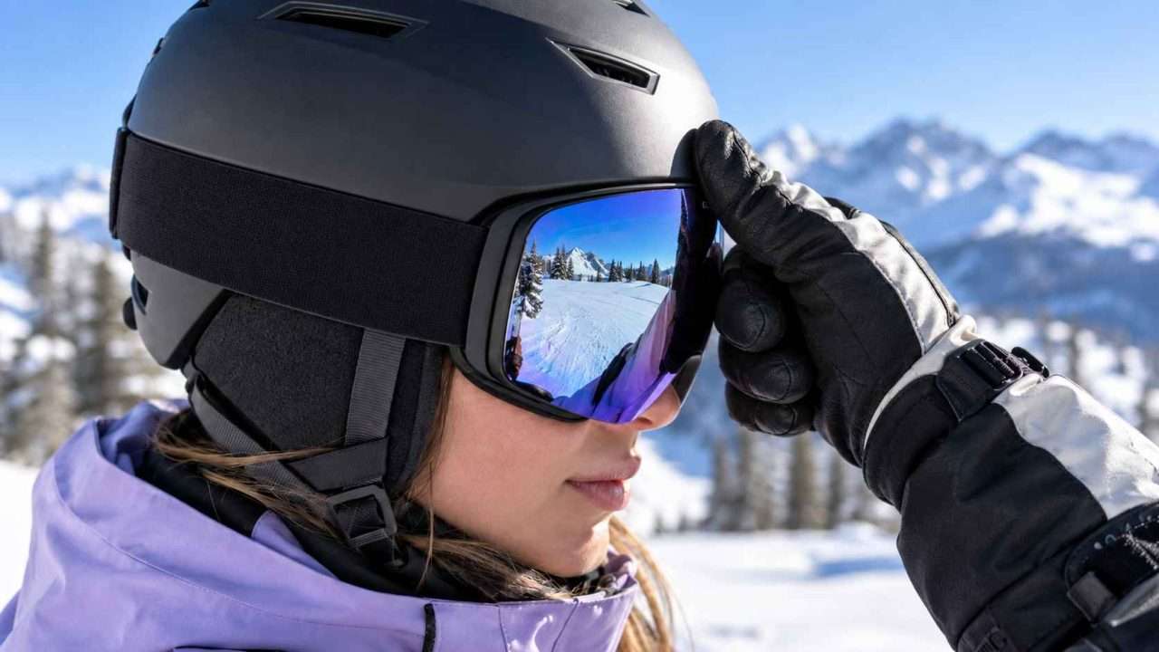 Skier demonstrating proper ski helmet and goggle fit with a gloved thumb at the helmet-goggle interface.