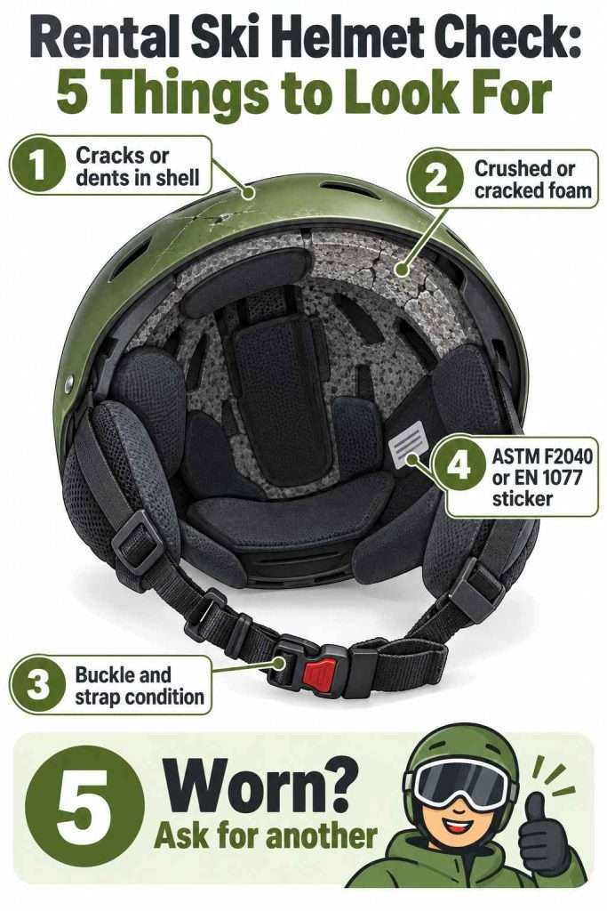 Rental ski helmet safety check infographic highlighting shell damage, cracked foam, straps, buckle, and certification sticker.