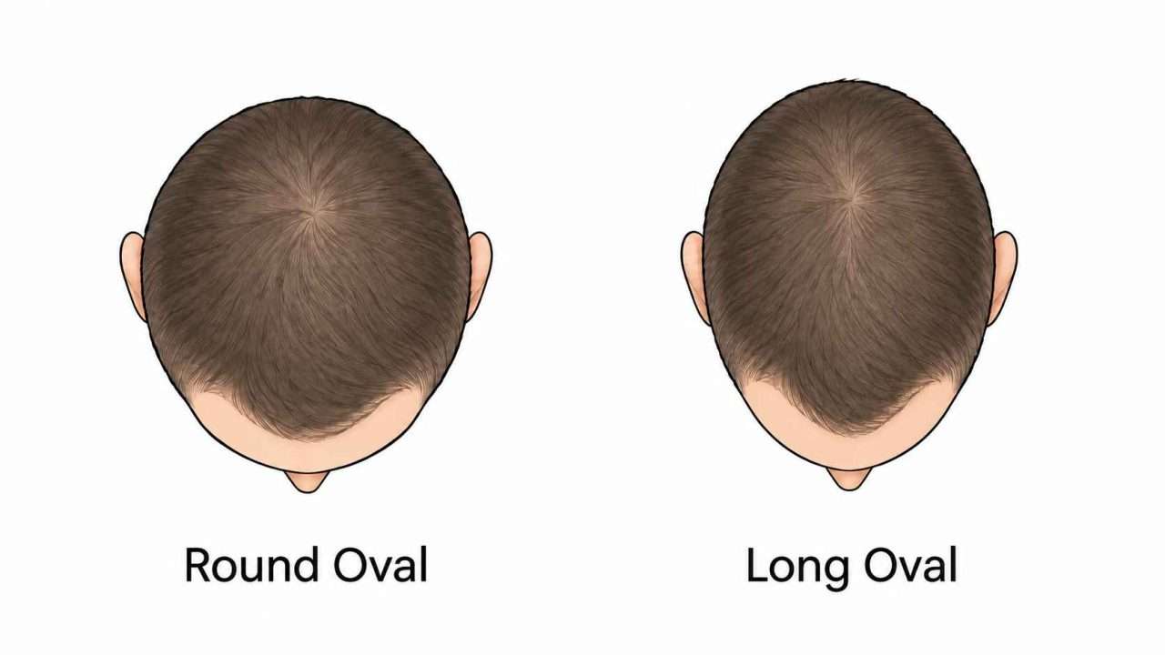 Top-down comparison of round oval and long oval head shapes for helmet fit.