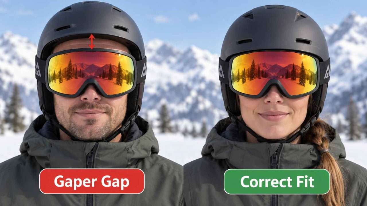 Side-by-side comparison of ski goggles with a gaper gap versus a correct helmet and goggle fit.