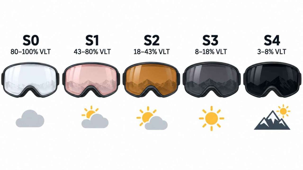 Infographic showing ski goggle lens tint categories S0 to S4 with VLT percentage ranges and weather icons.