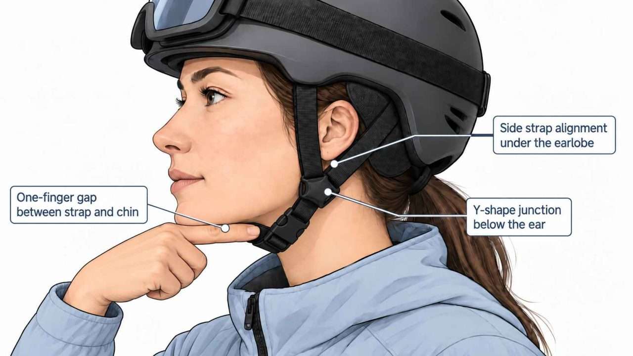 Side-profile diagram showing correct ski helmet chin strap fit, Y-shaped side straps, and a one-finger gap under the chin.