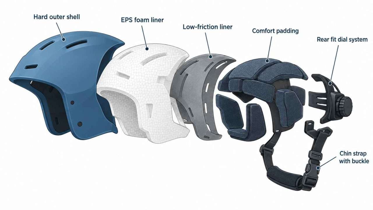 Exploded-view diagram showing the main components inside a ski helmet.
