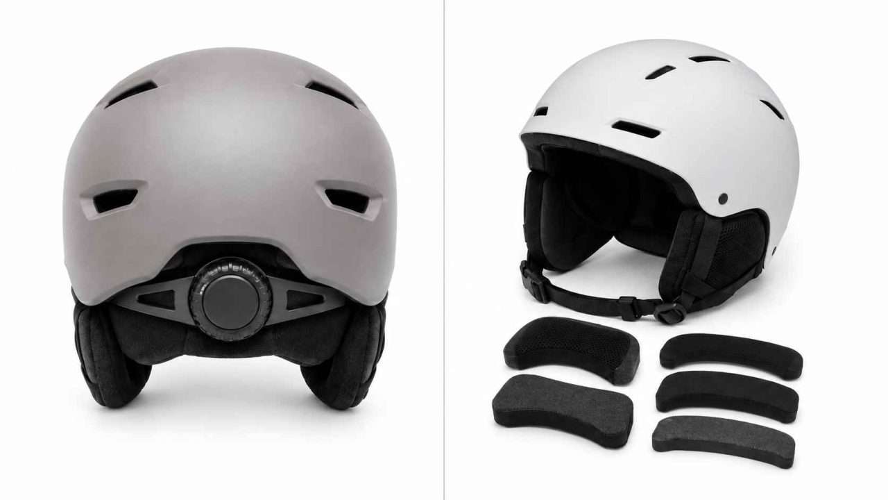 Ski helmet fit adjustment dial and removable sizing pads shown side by side.