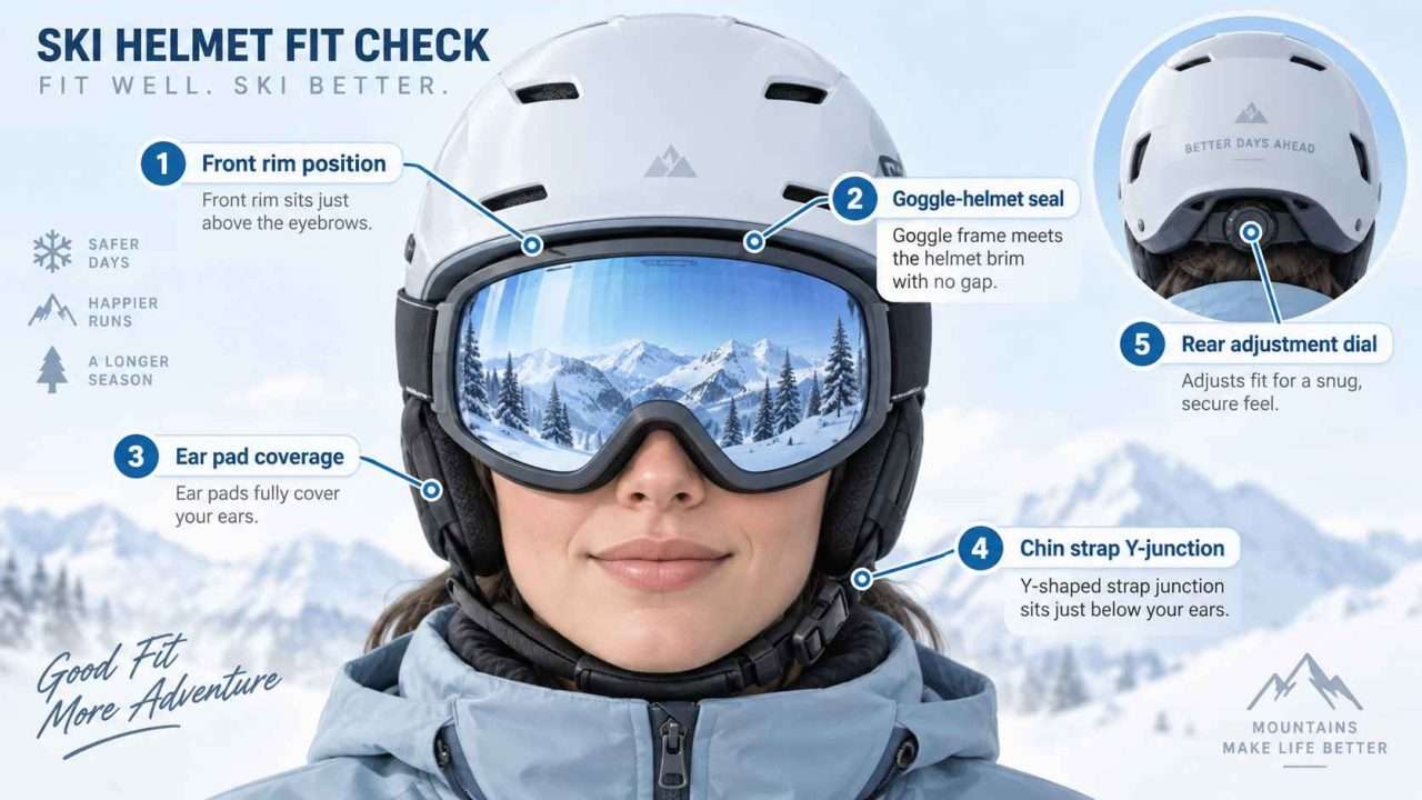 Front-view ski helmet fit infographic showing five key fit check points including rim position, goggle seal, ear pad coverage, chin strap Y-junction, and rear adjustment dial.