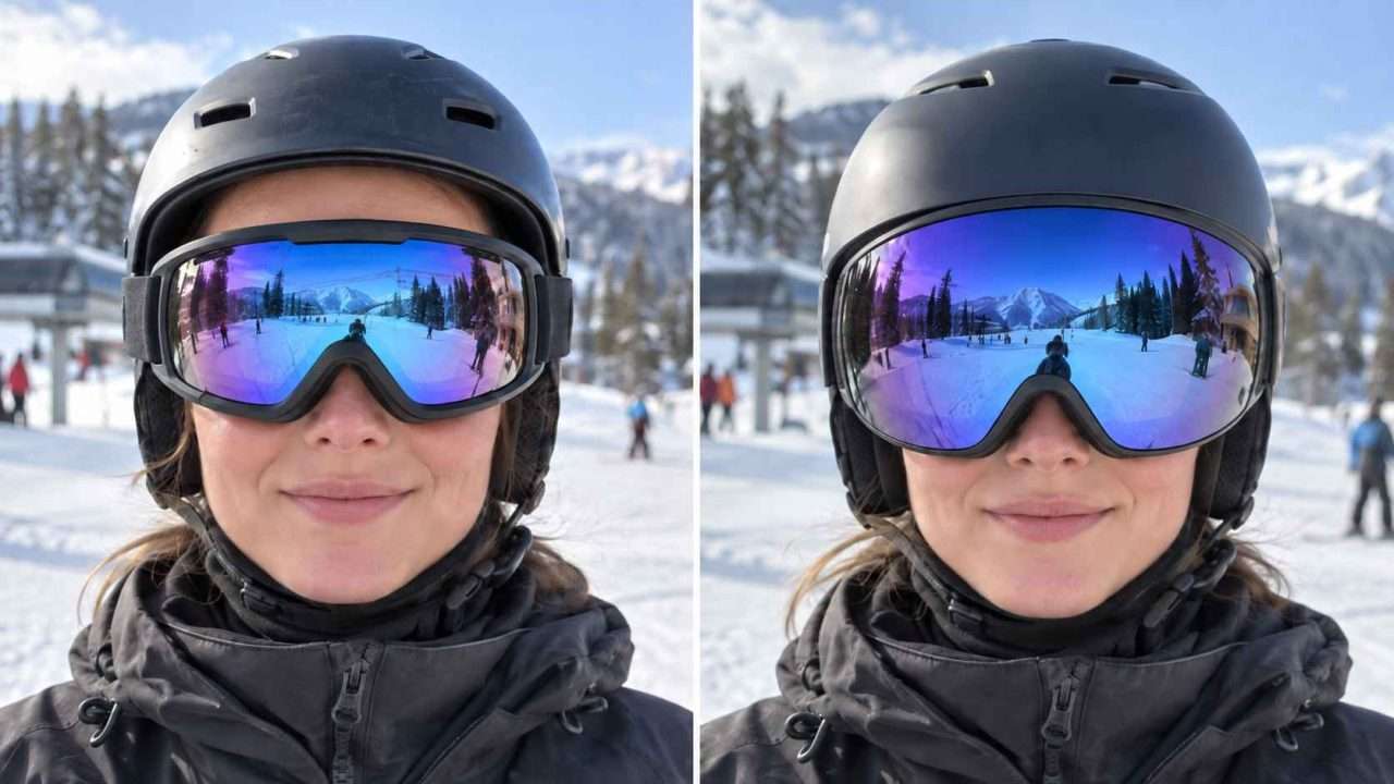Comparison of ski goggles with a gaper gap and a visor ski helmet with a flush fit.