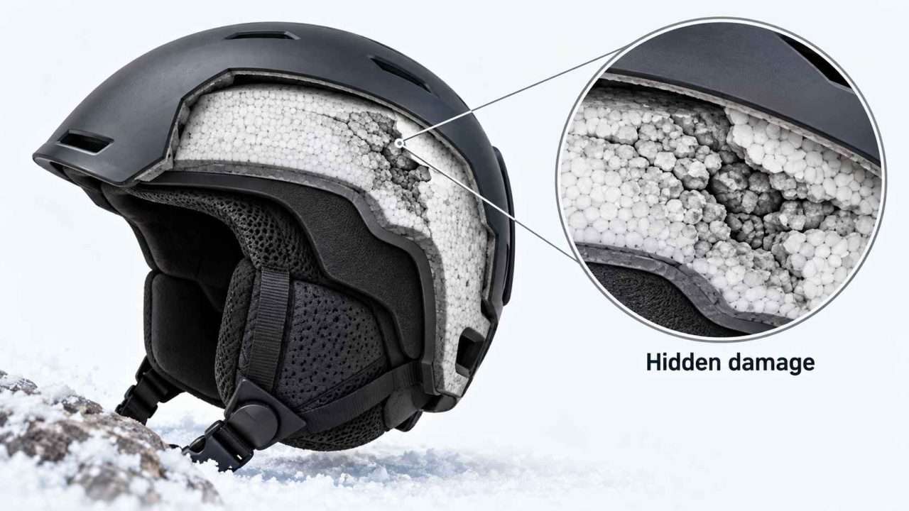 Cutaway illustration showing hidden impact damage inside a ski helmet's EPS foam liner.