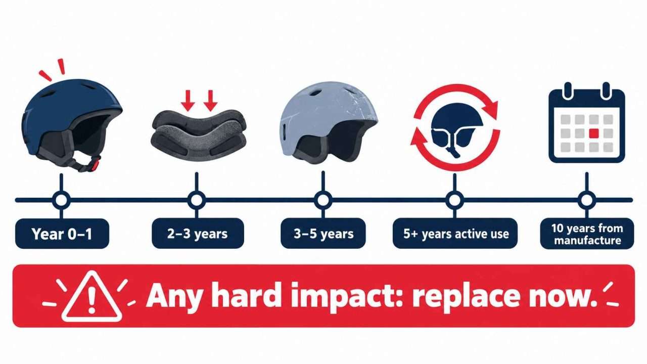 Timeline infographic showing ski helmet lifespan and replacement milestones.