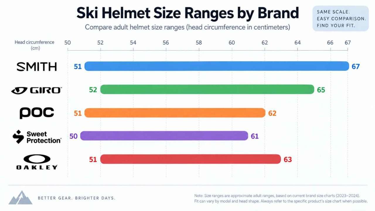 Ski helmet size range comparison for Smith, Giro, POC, Sweet Protection, and Oakley helmets.