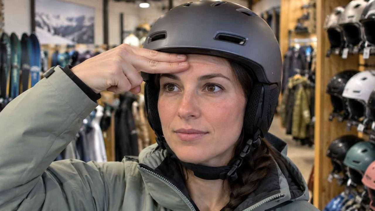 Person wearing a ski helmet and using two fingers above the eyebrows to check correct helmet position.