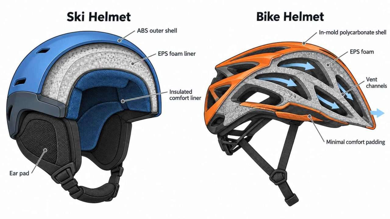 Cross-section diagram comparing ski helmet and bike helmet construction layers.