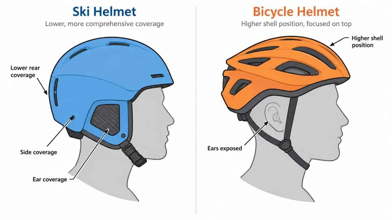 Diagram comparing the coverage areas of a ski helmet and a bicycle helmet.