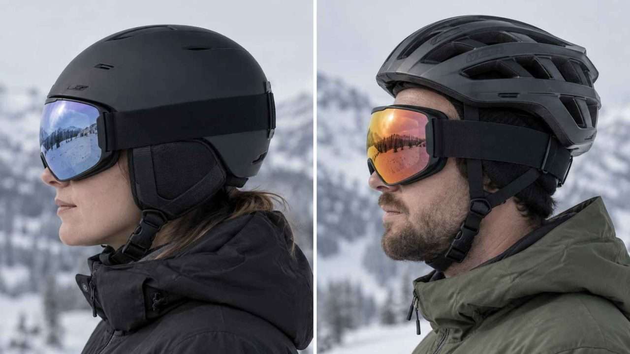 Ski goggles fitting flush with a ski helmet compared with a gaper gap under a bike helmet.