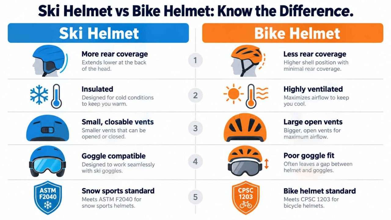 Summary infographic comparing the main differences between ski helmets and bike helmets.