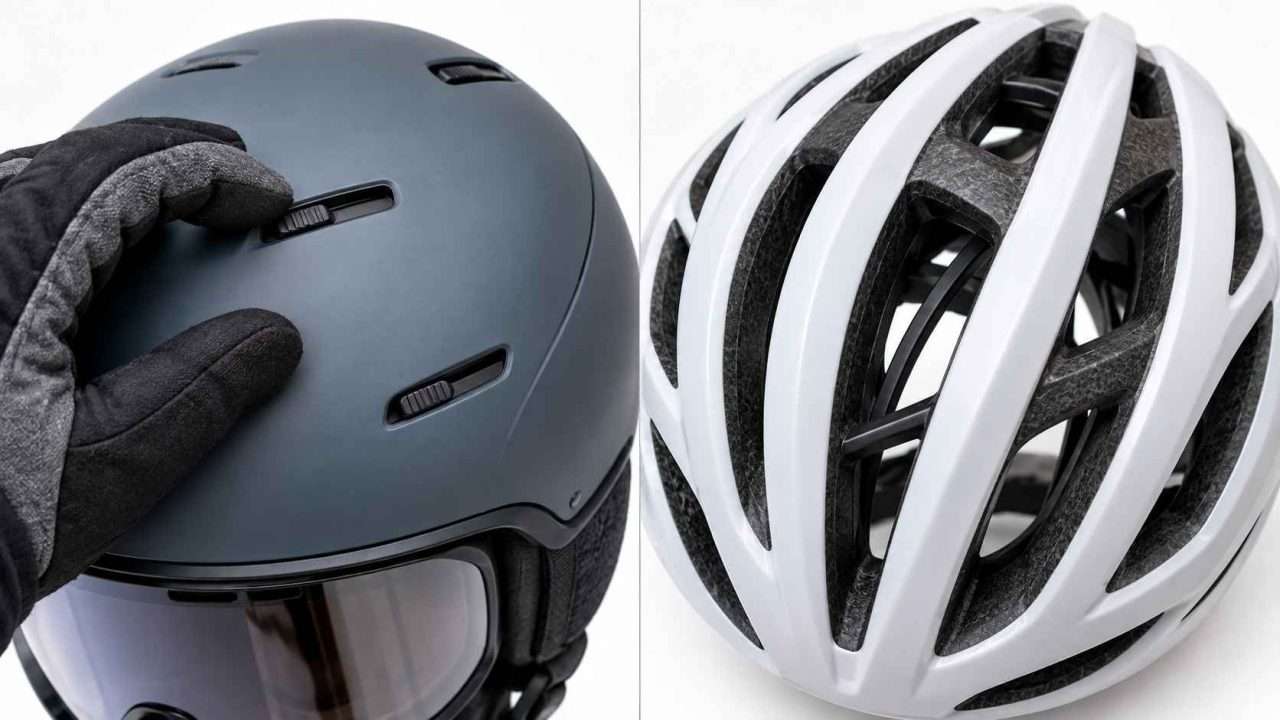 Ski helmet adjustable vents compared with road bike helmet open ventilation channels.