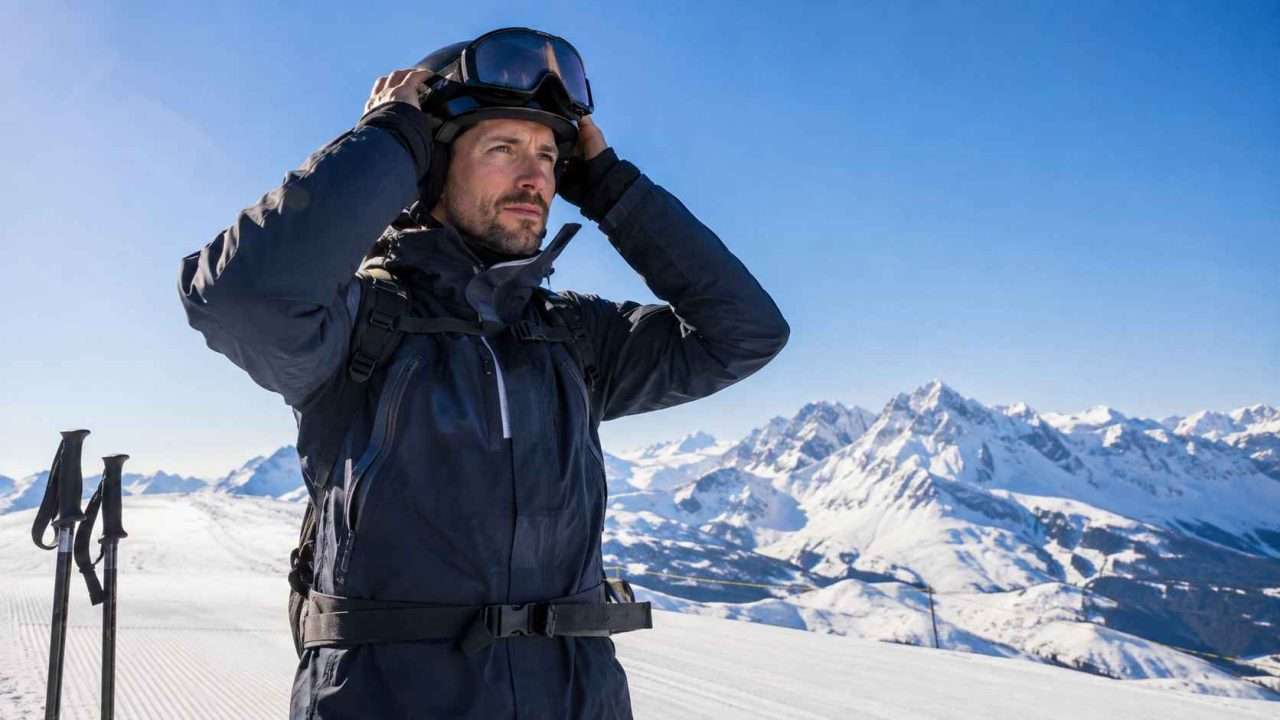 Male skier adjusting the fit of his ski helmet at the top of a groomed snow-covered run.