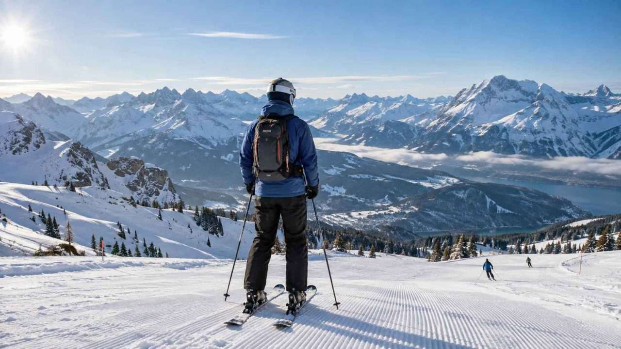 Skier wearing a helmet standing at the top of a groomed ski run with snow-covered mountains ahead.