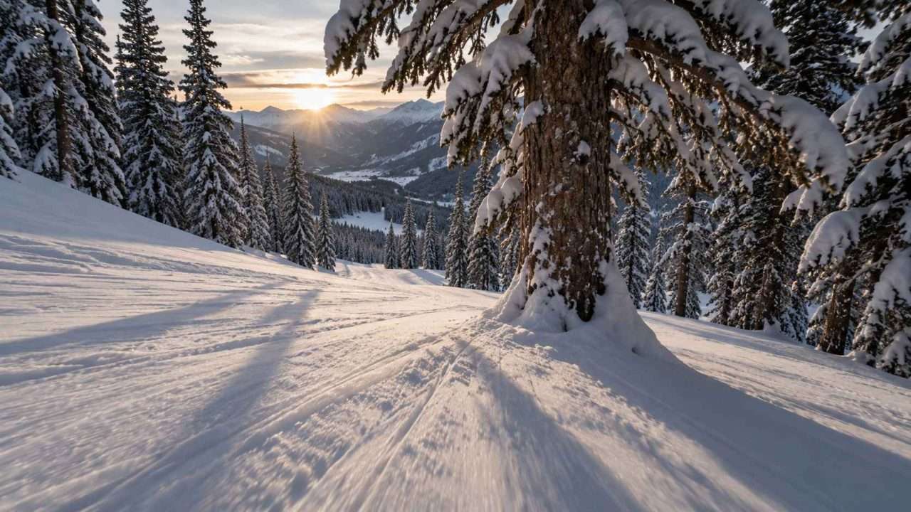 Snow-covered tree on an empty ski slope at sunset with long shadows across the snow.