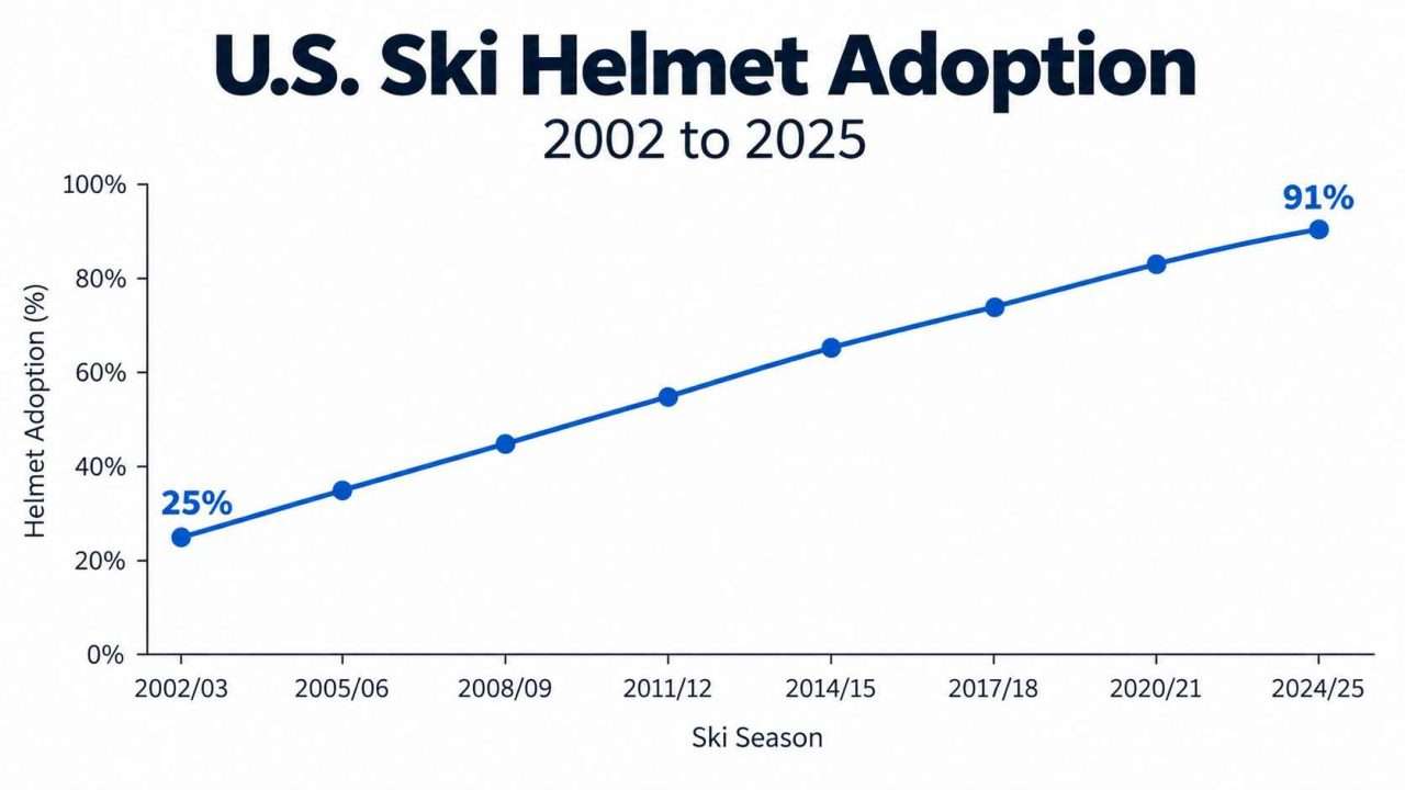 Line chart showing U.S. ski helmet adoption rising from 25% in 2002/03 to 91% in the 2024/25 ski season.