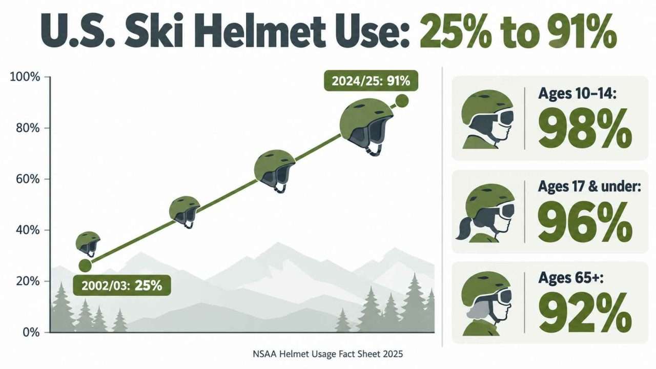 U.S. ski helmet use infographic showing an increase from 25% in 2002/03 to 91% in 2024/25, with age-group statistics.