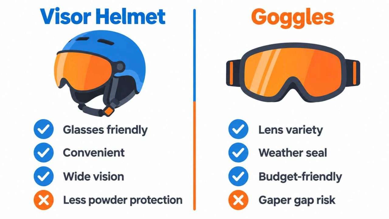 Infographic comparing visor helmets and ski goggles with icons showing key pros and drawbacks.