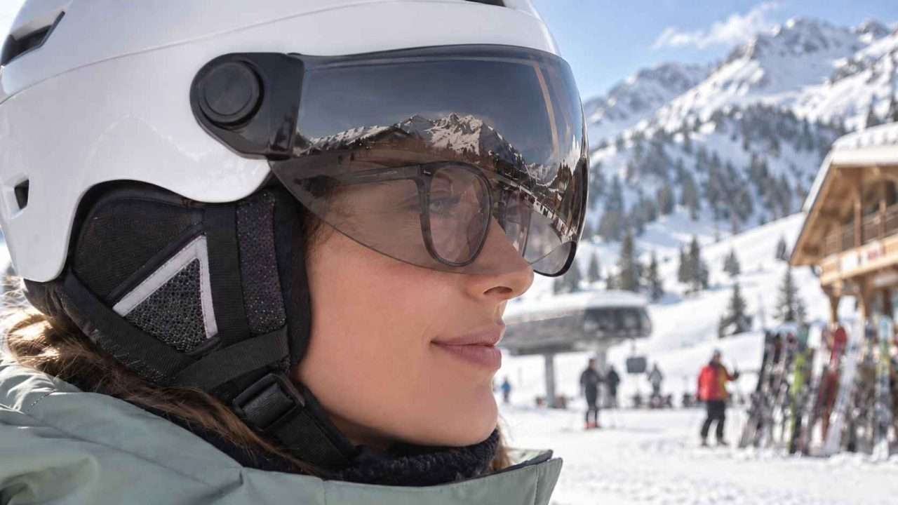 Skier wearing a white visor ski helmet with the visor lowered over prescription eyeglasses.