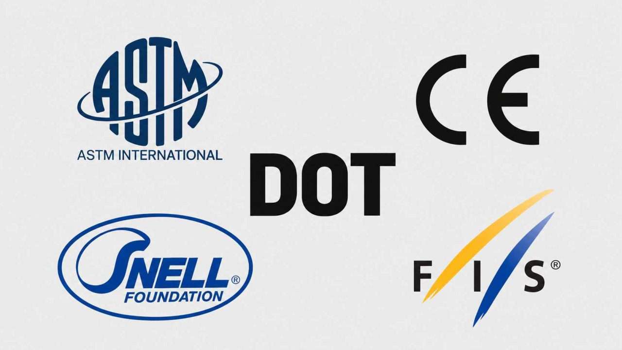 Five helmet certification badges labeled ASTM, CE, DOT, SNELL, and FIS on gray background.