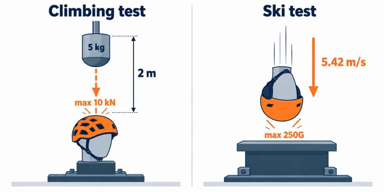 Climbing vs ski helmet impact tests showing a striker falling onto a fixed climbing helmet and an inverted ski helmet falling onto an anvil.