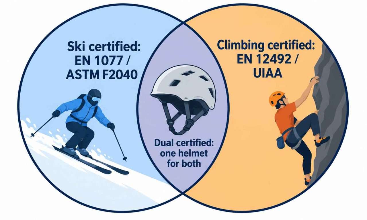 Venn diagram showing ski and climbing helmet certifications, with a dual-certified helmet in the overlap.