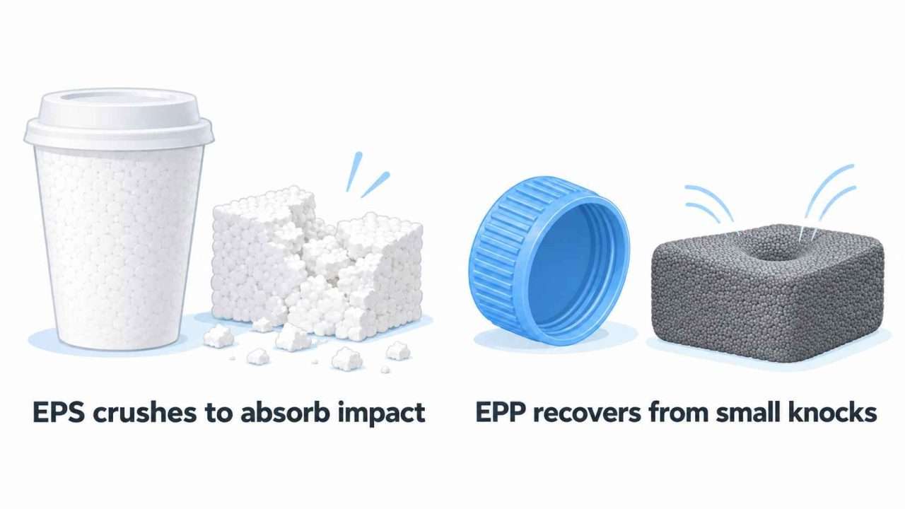 EPS vs EPP foam illustration showing crumbly white EPS beside a coffee cup and springy gray EPP beside a plastic bottle cap.