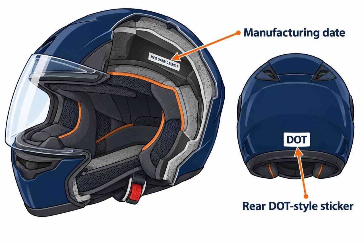 Full-face helmet cutaway showing an internal “MFG DATE: 03/2021” label and a rear view with a generic DOT-style sticker.