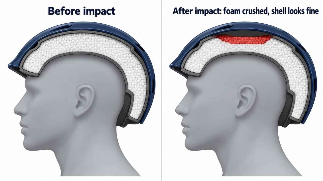 Helmet cross-sections before and after impact, showing crushed EPS foam highlighted in red beneath an undamaged-looking outer shell.