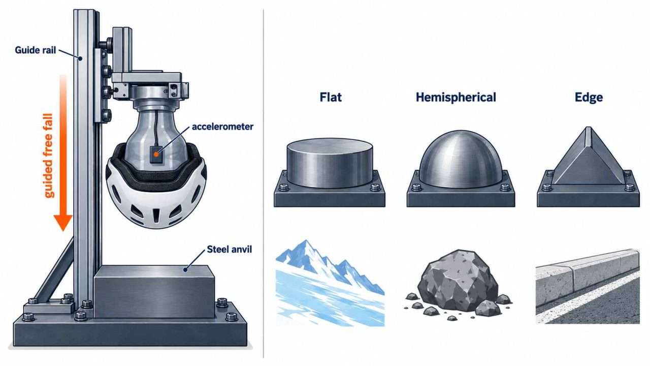 Helmet impact drop test diagram showing a guided headform, accelerometer, and flat, hemispherical, and edge anvils.