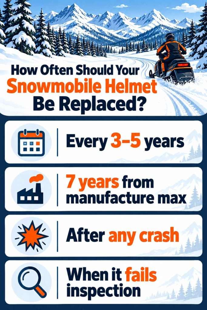 Snowmobile helmet replacement infographic listing every 3–5 years, seven years from manufacture maximum, after any crash, and when it fails inspection.