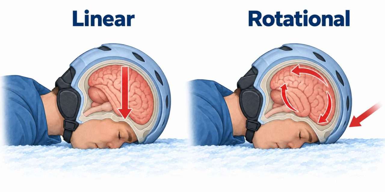 Ski helmet diagram comparing linear and rotational head impacts, with a downward arrow on the left and curved brain-motion arrows on the right.
