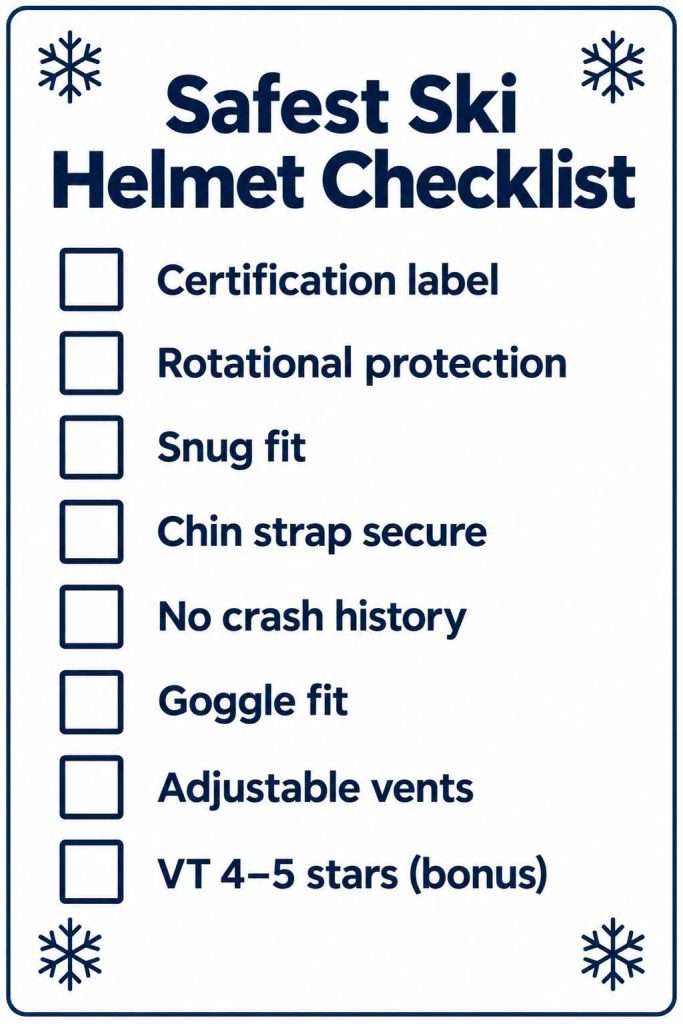 Safest ski helmet checklist with eight boxes covering certification, rotational protection, fit, chin strap, crash history, goggles, vents, and VT ratings.