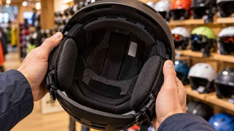 Hands holding an upturned matte black ski helmet, showing its interior liner and certification label in a ski shop.