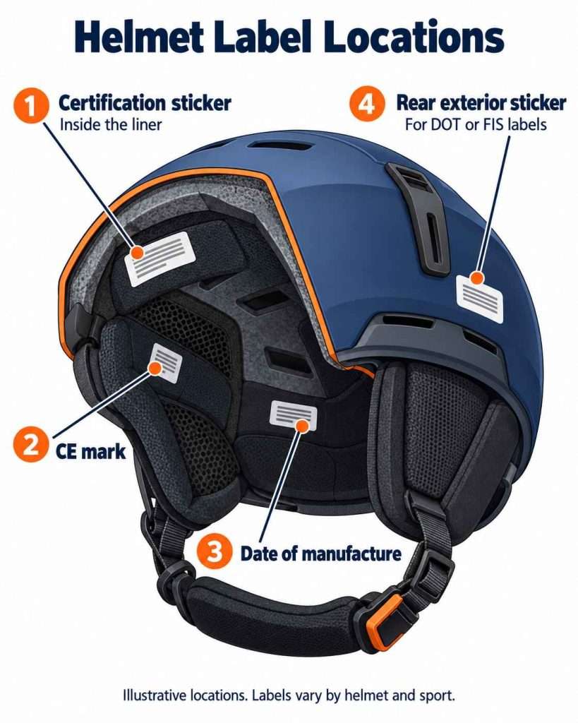 Ski helmet cutaway showing locations for the certification sticker, CE mark, manufacture date label, and rear exterior sticker.