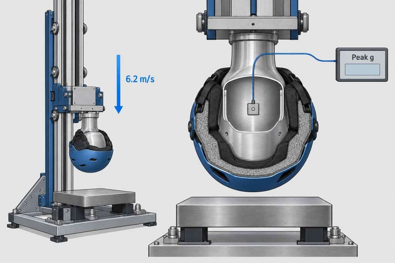 Ski helmet drop test diagram showing an inverted metal headform above a flat steel anvil, a 6.2 m/s downward arrow, and a peak-g sensor readout.