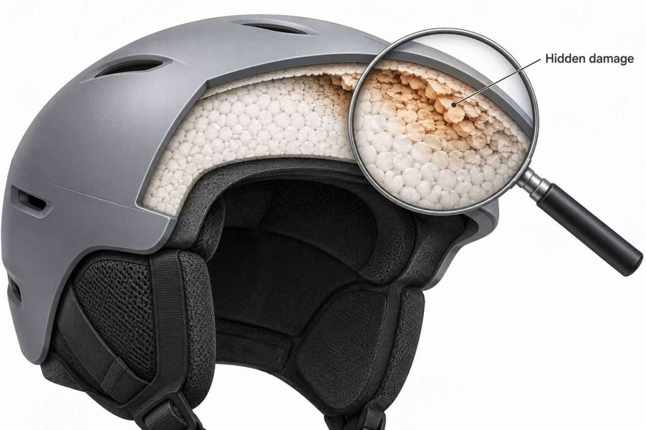 Ski helmet cutaway showing crushed EPS foam beneath an intact outer shell, highlighted by a magnifying glass.